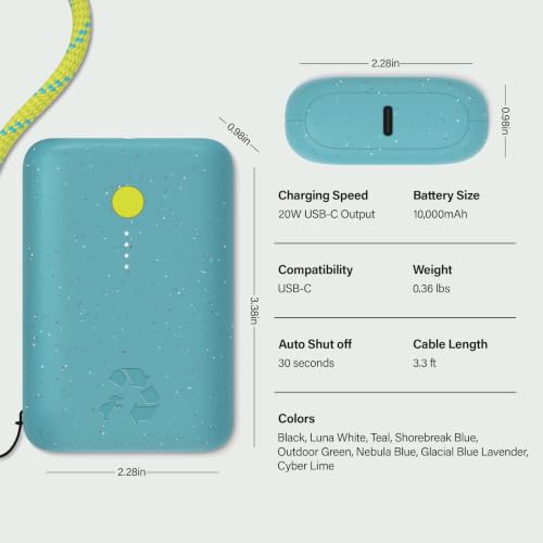 Nimble Champ Portable Charger, 10000mAh Power Bank, 20W Dual USB-C Charging | Compatible with iPhone, Samsung, Tablet, iPad, MacBook, Travel Essential Power Bank with 2 ft USB-C Cable Included - color: Shorebreak Blue