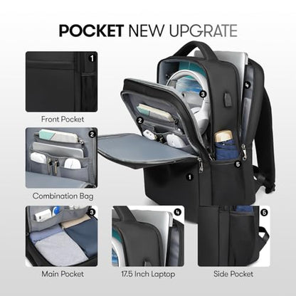 Travel Laptop Backpack, Business Sturdy Laptops Backpack with USB Charging Port, Water Resistant Computer Bag Gift for Men & Women Fits 18.5 Inch Notebook, Black