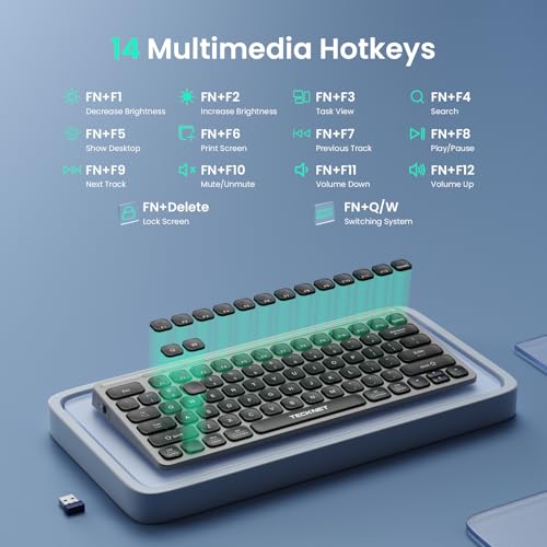 TECKNET Wireless Keyboard, Rechargeable Bluetooth Keyboard, 3-Device Free Switching (2.4G+BT), Quiet Typing, Lightweight & Portable, Compact Keyboard Compatible with Windows, macOS, Android, Gray