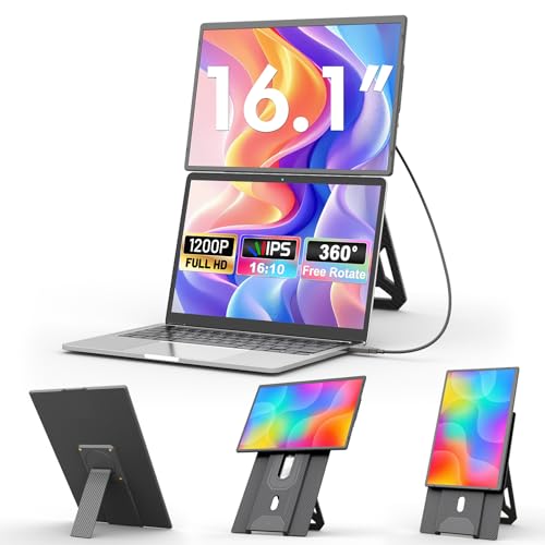 domyfan 16.1'' Laptop Screen Extender, 360° Rotating Detachable Stand/VESA Support, FHD 1200P IPS Portable Monitor, Plug & Play with HDMI/USB-A/Type-C, Compatible Win/Mac/Android - size: 16.1" Single Screen