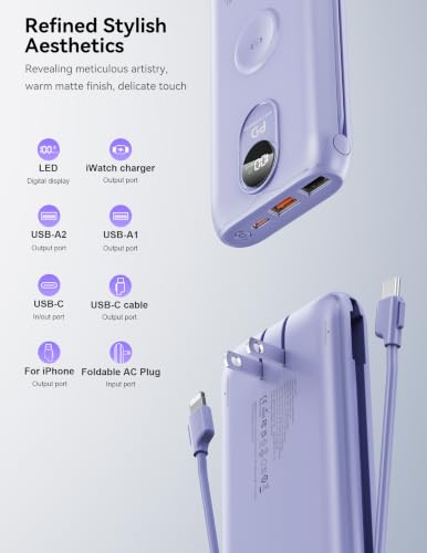 Portable Charger 10000mAh 20W, Wall Plug, 2 Cables, iWatch Charging | Digital Display, Compact Lightweight, USB C Fast Charge, USB-A 18W, Multi Protection, Travel Essential, for iPhone 17 16, Pad - color: Lilac Purple