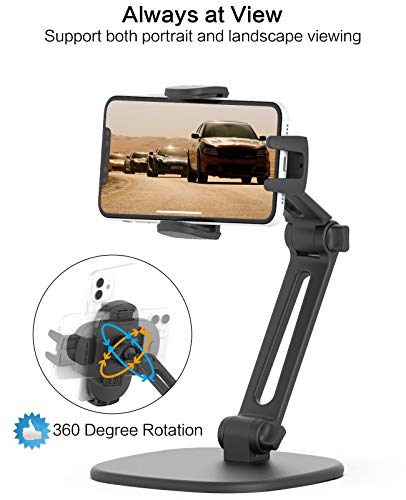 APPS2Car Phone Stand for Desk, Adjustable Cell Phone Holder for Office | Triple-Clamp Phone Holder, Height-Adjustable Folding Arm, 360° Rotation, Anti-Slip Base, Fits Cases up to 20mm