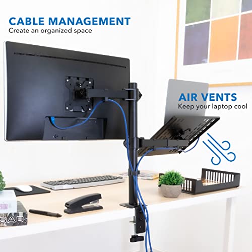Mount-It! Laptop Desk Mount with Monitor Arm, Dual Laptop and Monitor Stand, Fully Adjustable, VESA Compatible, Ventilated Tray, Fits 13-32" Screens and Laptops up to 17", Clamp & Grommet Base