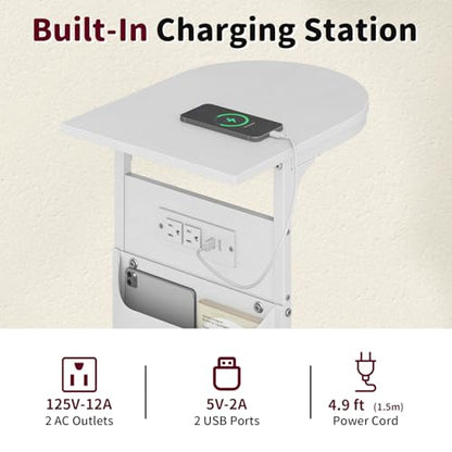 C Shaped End Table with Charging Station, Small Side Table for Couch, C Table Slides Under Sofa with Storage Bag, TV Tray Table for Recliner, Living Room, Bedside, Bedroom, Small Spaces, White - color: Charging Station White