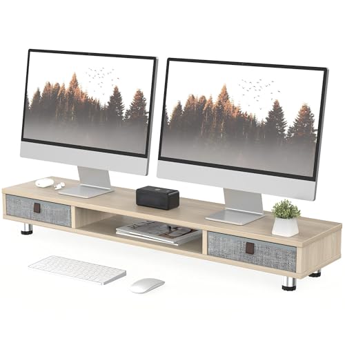 Fenge Dual Monitor Stand, 2-Tier Desk Organizer with Drawers, 42.5in, Oak | Monitor Riser with Storage, Ergonomic Height Adjustable Computer Stand, Desk Shelf for Top of Desk, Laptop, PC, TV - color: Oak