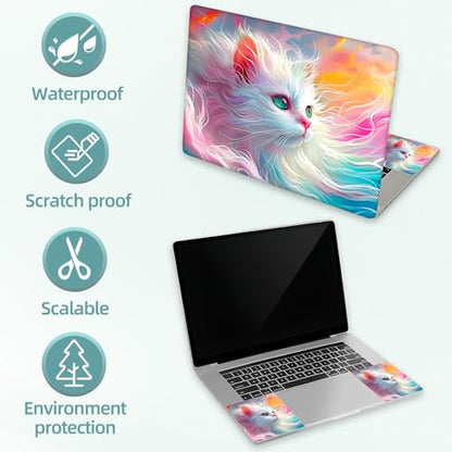 Universal Laptop Skin Decal, 3-Piece Vinyl Protector for 12 13 14 15.6" Notebook, Waterproof Anti-Scratch, Easy Trim & Bubble-Free Finish, Cat with Pink and Blue Fur - color: Cat with Pink and Blue Fur