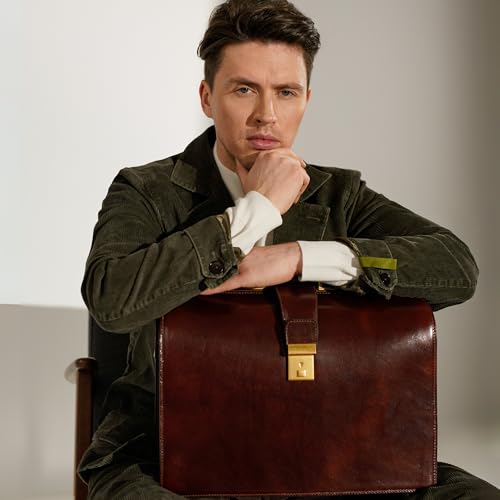 Time Resistance Leather Lawyer Briefcase - Italian Handmade Laptop Briefcase for Men and Women - Attache Case - Doctor Bag - color: Brown