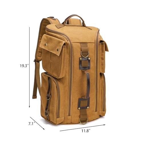 Heavy-Duty Waxed Canvas Backpack for Men,17" Laptop Rucksack with Genuine Leather, Multi-Pocket Travel Bag - color: Yellow