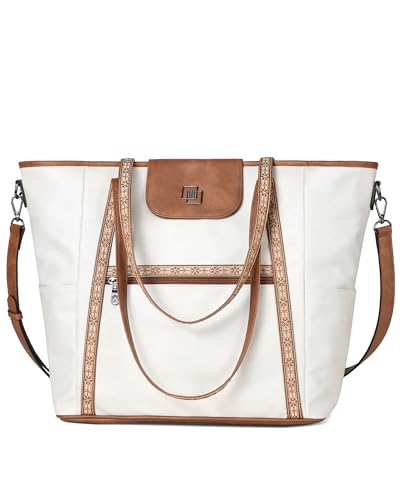 Large Laptop Tote Bag for Women Designer Leather Laptop Bag, 15.6in | Fashion Travel Backpack Purse Shoulder Handbag Fits 15.6 Laptop, Daily, Work, Business Trip, Weekend Travel, Teacher - color: Beige Contrast Brown