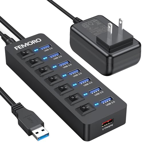 Powered USB Hub 4ft Cord for PC, 7 USB3.0 Data Ports and 1 Smart Charging Port with Power Adapter & Individual Switches for MacBook Pro/Air/Neo Laptop Desktop Computer Mini PC