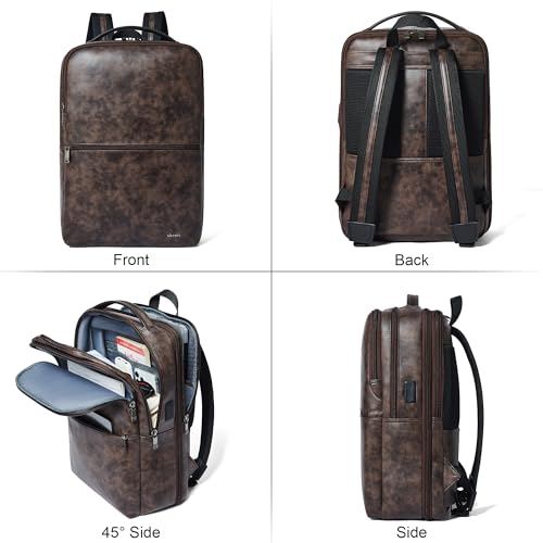 Vegan Leather Laptop Backpack for Women and Men Fits 16 Inch Laptop | Water Resistant,28L Expandable Computer Backpack Purse,USB Charging Port,Travel Work Business College Teacher Nurse - color: Two-toned Coffee