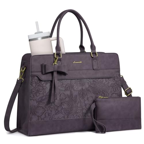 LOVEVOOK Laptop Tote Bag for Women,Leather Work Bag, Waterproof Business Teacher Bag,Large Computer Handbag Purse Briefcase,Office Gifts for Women - color: Embossed Purple, size: 15.6 Inch