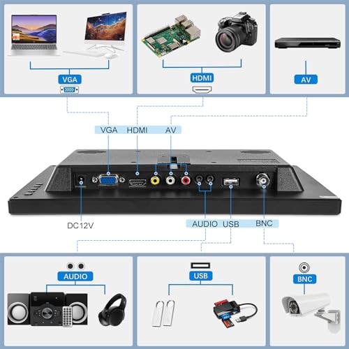 12 inch FHD Small IPS Monitor LCD Display Screen 1920x1080 60Hz 16:9 with BNC VGA AV Input Built-in Lounspeakers for CCTV Security Camera DVR PC RasPi - color: 12 Inch 1920x1080