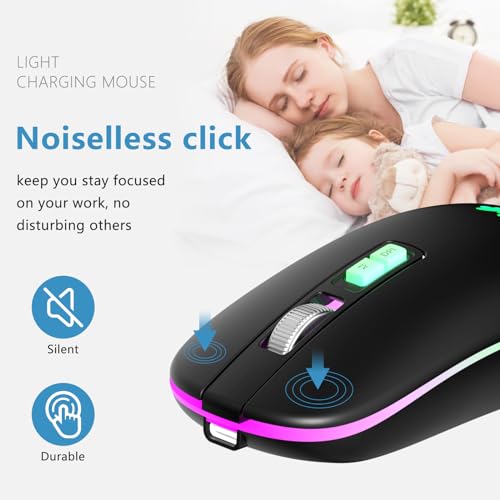 besky Wireless Rechargeable Mouse, Portable Silent Computer Mouse, Black | Backlit LED 2.4G USB Cordless Mouse with USB-C Adapter for Laptop, PC, MacBook, Chromebook, iPad & Tablet