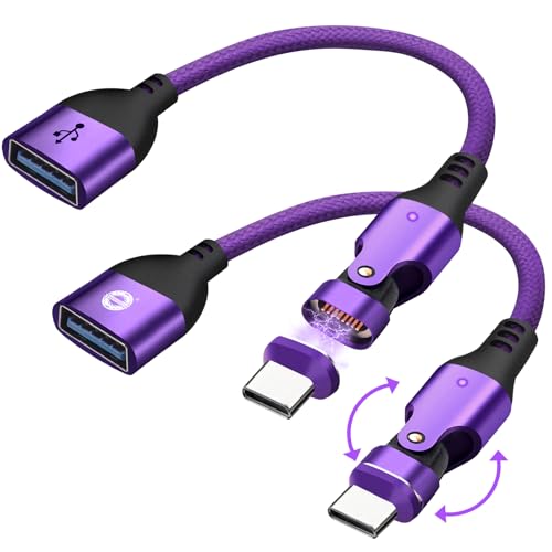 Magnetic USB A to USB C Extension Cable 10cm, 16-Pin 180° Rotation Swivel Right Angle 90 Degree Connector, 240W PD Fast Charging, Anti-Arc Design for Laptop, E-Marker Chip, Port Protection, 2Pack - color: Purple, size: 16P-2P