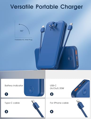Nusyddy Portable Charger 10000mAh Fast Charging w/Built-in Wall Plug Navy | PD20W Fast Charging, LED Indicator, Pass Through Charging, TSA Approved, Compact/Slim, Power Bank for iPhone/iPad/Samsung - color: Navy