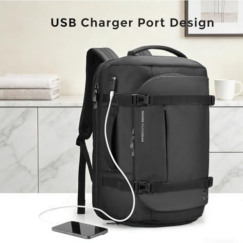 Swissdigital Design Travel Backpack 40L,TSA Friendly Flight Approved Carry-on Hand Luggage,with USB Charging Port Large Weekender Bag Fits 17 Inch Laptop Backpack Black | SD1756-01 - color: Black