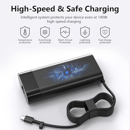 140W USB-C PD 3.1 Charger Compatible with HP OMEN Transcend 14-fb0000 MAX 16-ah0000, Omnibook, Spectre x360 16-aa0000, ZBook 8 G1a/G1i/G1as 14 16, Ultra G1a/G1ak Laptop Power Supply