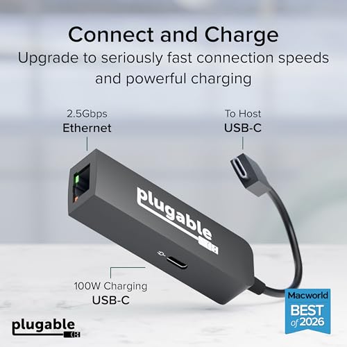 Plugable USB C to Ethernet Adapter 2.5Gb with 100W USB-C PD Charging, 2.5 Gigabit Type C USB Ethernet Adapter for Windows, MacBook, Chrome, iPad, Surface, XPS, Thunderbolt 4, USB4 (USBC-E2500PD)