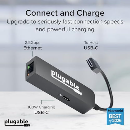 Plugable USB C to Ethernet Adapter 2.5Gb with 100W USB-C PD Charging, 2.5 Gigabit Type C USB Ethernet Adapter for Windows, MacBook, Chrome, iPad, Surface, XPS, Thunderbolt 4, USB4 (USBC-E2500PD)