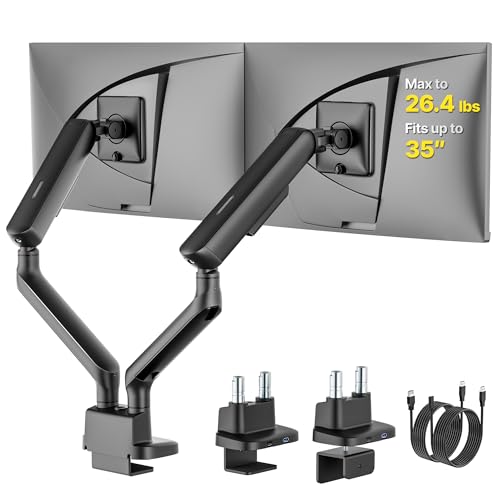 monTEK Mechanical Spring Dual Monitor Arm with USB for 27 32 34inch Screens | Black, Built-in One-Way Bearing, Holds 26.4 lbs, VESA 75/100mm, C-Clamp/Grommet Base & Cable Management, Office, Home, Game - color: Black, size: with USB
