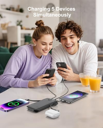 Portable Charger 10000mAh Power Bank w/Built-in 3 Cables & AC Wall Plug | 22.5W Fast Charging, Pass Through Charging, 0.68in Ultra Slim, TSA Approved, Travel Essential for iPhone/Samsung/iPad, Black - color: Black