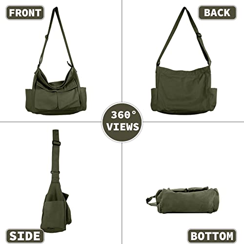 Canvas Messenger Bag Large Hobo Crossbody Bag with Multiple Pockets Casual Shoulder Tote Bag for Women and Men - color: Green 1