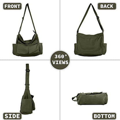 Canvas Messenger Bag Large Hobo Crossbody Bag with Multiple Pockets Casual Shoulder Tote Bag for Women and Men - color: Green 1