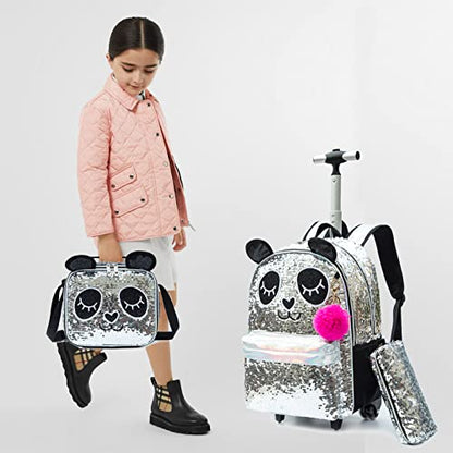 School Kids Rolling Backpack for Girls 3PCS With Trolley Wheeled Backpacks - color: Silver Black