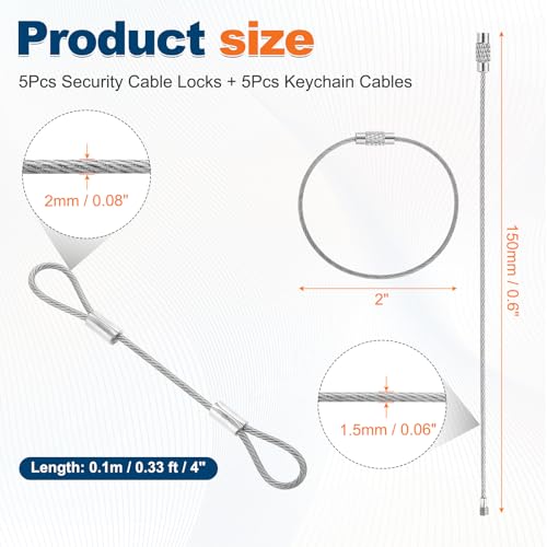 5 Set Double Loop Security Cable Lock (0.33 ft X0.08'') + Keychain Cable, Silver - color: Silver, size: 0.33 ft x 0.08 Inch