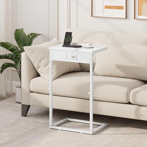 C Shaped End Table with Charging Station, Adjustable Height Side Table for Couch, Small End Table Small Spaces, 33.2'' Tall Couch Tables that Slide Under, Tv Tray Table for Living Room, White - color: White (1 Pack), style: With Plug