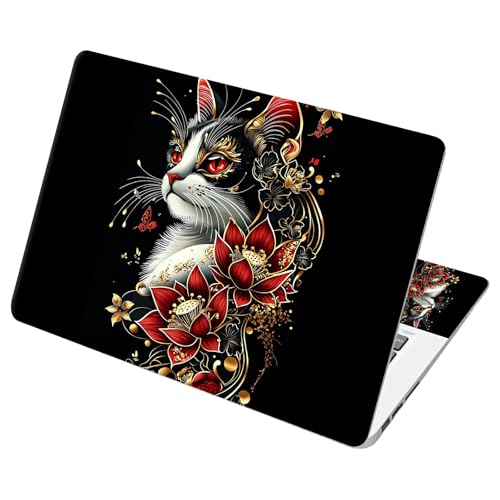 Universal Laptop Skin Sticker with 2 Wrist Pad Decals, 3-Piece Removable Vinyl Laptop Cover, Red Flower Cat Waterproof Anti-Scratch, Easy-Trim Fit for 13.3" 14" 15.6" Laptops - color: Red Flower Cat