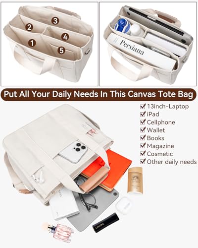 Canvas Tote Bag with Multi-Pocket for Women Large Crossbody Shoulder Handbag Everything Tote Bag with Compartments - color: Beige, size: Large