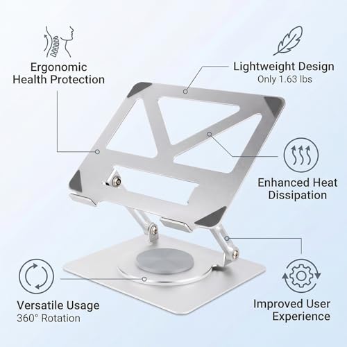 360 Rotating Aluminum Laptop Stand, Adjustable & Foldable Ergonomic Computer Stand, Compatible with MacBook, iPad, Dell, HP up to 16 Inches for Home & Office, Silver - color: Silver