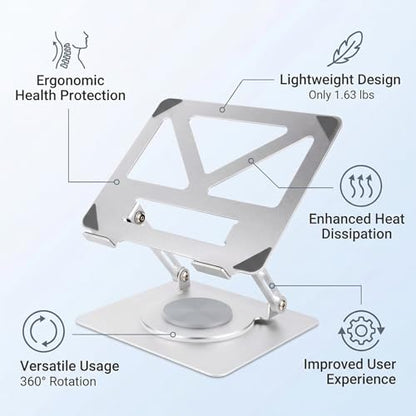 360 Rotating Aluminum Laptop Stand, Adjustable & Foldable Ergonomic Computer Stand, Compatible with MacBook, iPad, Dell, HP up to 16 Inches for Home & Office, Silver - color: Silver