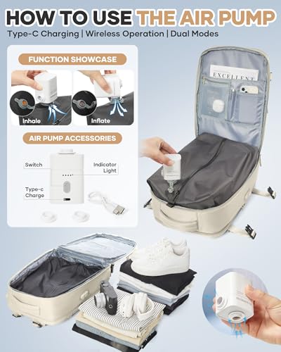 Vacuum Seal Travel Backpack with Air Pump Compression Waterproof Vacpack Carry On Backpack for Travel Daypack Women Men with Vacuum System Airlines Approved Vacpack Laptop Space Saver Bags Beige - color: B16-beige-(with Air Pump)