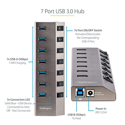 StarTech 7-Port USB-A Hub 5Gbps with Per-Port Switches (5G7AIBS-USB-HUB-NA) | USB-C and USB-A host cables, Self-powered with adapter, BC 1.2 charging, 52.5W total, LED on/off switches