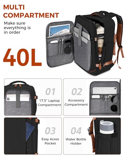 Vancropak 40L Travel Backpack for Men, Flight Approved Carry on Backpack | 17.3" Laptop Backpack, Expandable Weekender Bag with 3 Packing Cubes, Shoe Compartment, Large Anti-Theft Luggage Daypack - color: Dark Black Brown