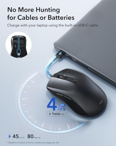 ESR MagMouse Snap-to-Carry Bluetooth Mouse, Rechargeable Wireless Mouse for Laptop with Built-in Charging Cable, Reusable Adhesive Holder, BT 5.0 + 2.4 GHz Connectivity, Silent, Ergonomic, Black - color: Black