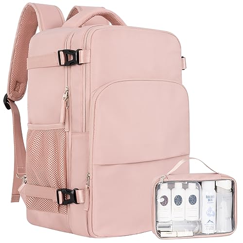 Sinaliy Travel Backpack, Carry on Flight approved Travel Bag with Multi-Pockets, Waterproof 17.3inch Laptop Backpack for Men Women, Pink | Waterproof 17.3 Inch Laptop Backpack with Multi-Pockets, Personal Item Travel Bag for Women Work, College, Business,