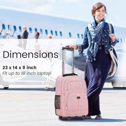MATEIN Pink Rolling Backpack, Roller Laptop Bag with 4 Spinner Wheels | 18 inch Extra Large Wheeled Backpack Carry on Luggage, Water Resistant Rolling Suitcase Bag for Travel Women - color: Pink, size: 18 inch