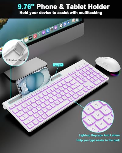 Wireless Keyboard and Mouse Combo, 7 Backlit Effects, Light Up Letters, Rechargeable, Phone Holder, 6 Button Mouse, Ergonomic Tilt Angle, 2.4GHz Silent USB Keyboard Mouse for Laptop, PC - color: White