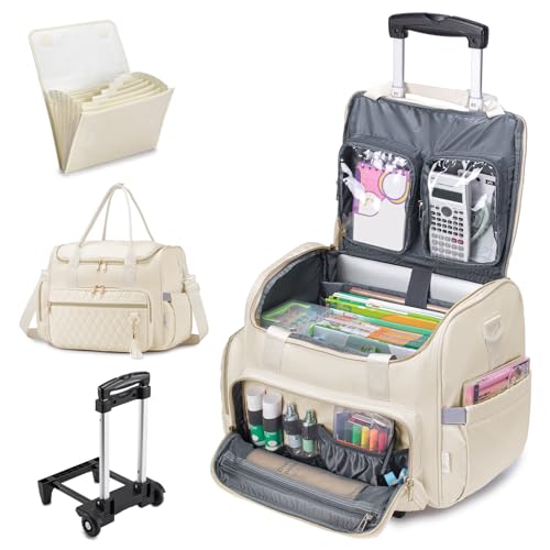 Rolling Laptop Bag 17.3 Inch 3 IN 1 Rolling Briefcase for Women Waterproof Teacher Tote Bag With Wheels - color: White Set