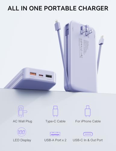 Nusyddy Portable Charger 20000mAh Fast Charging w/Built-in Wall Plug Purp. | PD20W Fast Charging, High Capacity, LED Display, Charge 5 Devices at once, TSA Approved, Compatible with iPhone/Samsung - color: Lavender