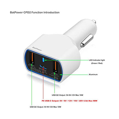 BatPower CPD2 High Power Delivery 120W USB-C Laptop Car Charger Compatible with New MacBook Pro Air USB C Laptop HP Dell Razer Surface Vehicle Charger DC 12v-24v auto Power Supply with Dual USB QC - color: White