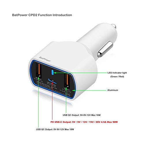 BatPower CPD2 High Power Delivery 120W USB-C Laptop Car Charger Compatible with New MacBook Pro Air USB C Laptop HP Dell Razer Surface Vehicle Charger DC 12v-24v auto Power Supply with Dual USB QC - color: White