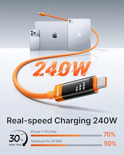 VRURC Ultra 240W Fast Charging USB C Cable with LED Digital Display,3.3ft | Smart Display,Battery Protection,Nylon Braided,Compatible with MacBook,iPad Pro,Laptops,iPhone 17/16/15,Galaxy S26/S25 - color: Orange