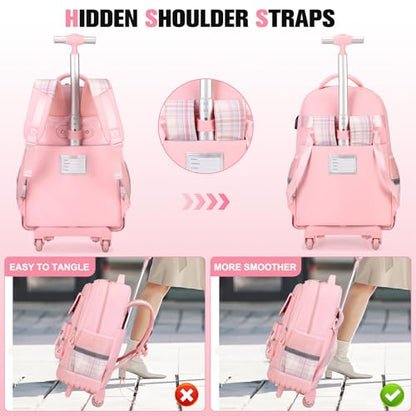ACESAK Rolling Backpack for Girls - Roller Wheels School bag with Lunch Bag & Pencil Pouch for Teen Girls Kids Wheeled Suitcase Backpacks, Elementary Middle School Travel Daypack (Pink) - color: Pink