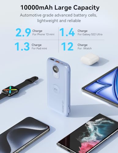 Portable Charger 10000mAh 20W, Wall Plug, 2 Cables, iWatch Charging | Digital Display, Compact Lightweight, USB C Fast Charge, USB-A 18W, Multi Protection, Travel Essential, for iPhone 17 16, Pad - color: Mist Blue