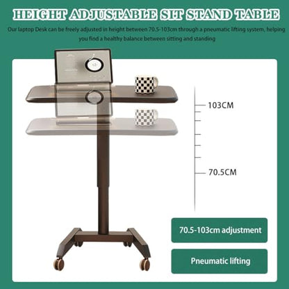 Height Adjustable Standing Table, Pneumatic Lift Laptop Desk, Movable Sofa Side Table with Wheels, Large Thick Steel Tube Computer Desk